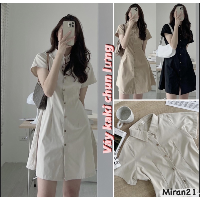 Váy Sơmi Kaki Cúc Dọc Chun Lưng Vintage