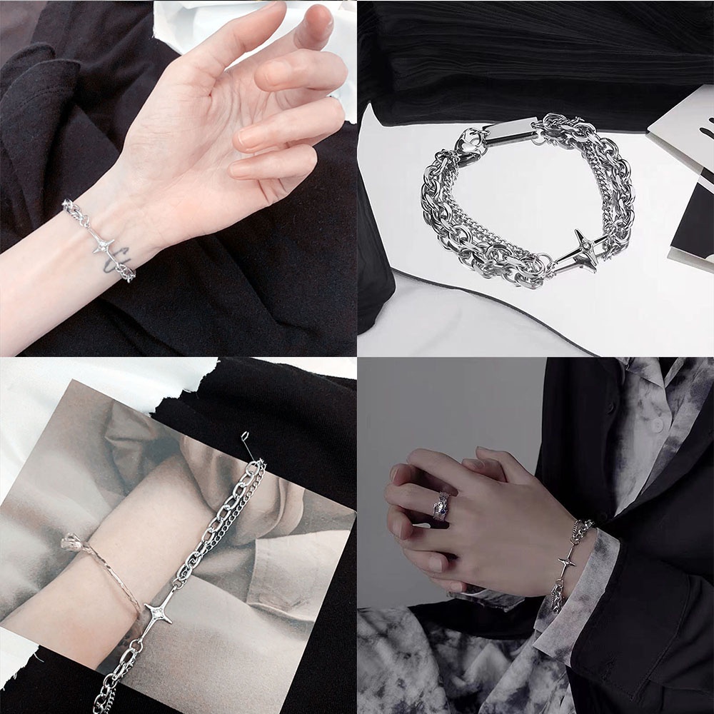 Vòng Tay Dây Xích Đôi Mặt Hình Ngôi Sao Bốn Sao Phong Cách Hip Hop Cổ Điển Thời Trang Cho Nam Và Nữ