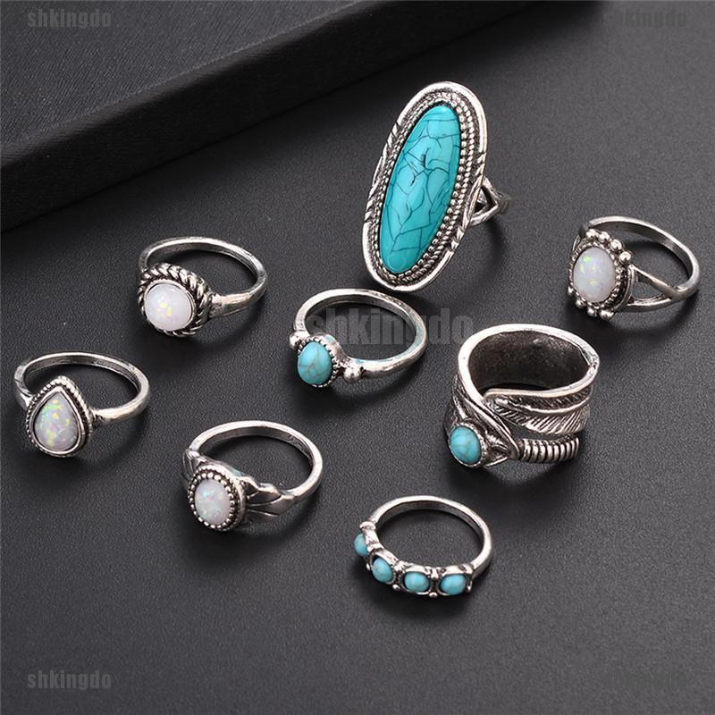 Bộ 8 nhẫn mạ bạc đính đá Opal phong cách Bohemian