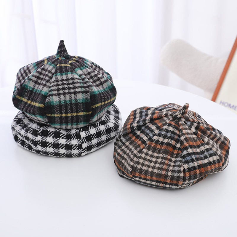 Nón Beret Len Họa Tiết Ca Rô Phong Cách Anh Quốc Thời Trang Dành Cho Các Bé