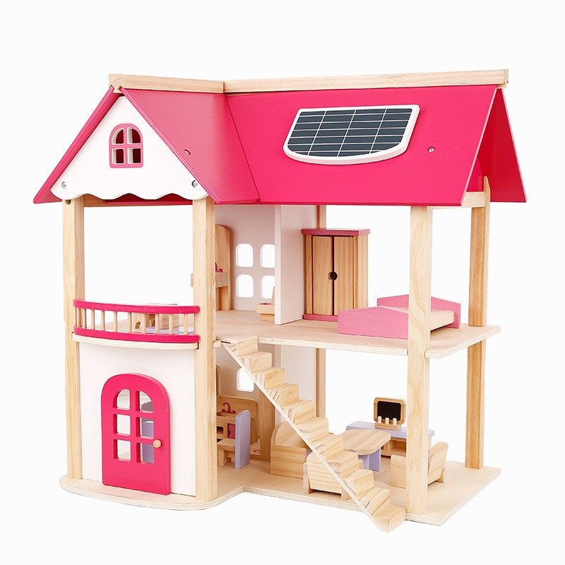 Ngôi Nhà Búp Bê Bằng Gỗ Màu Hồng Doll house - có kèm bàn ghế giường tủ đầy đủ như ảnh