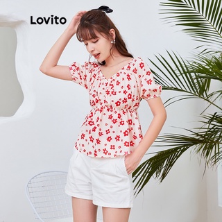 819 VN Delisted Áo Lovito giáng sinh dáng rộng cổ chữ V in hoa tay phồng dễ thương L04079 (màu trắng)