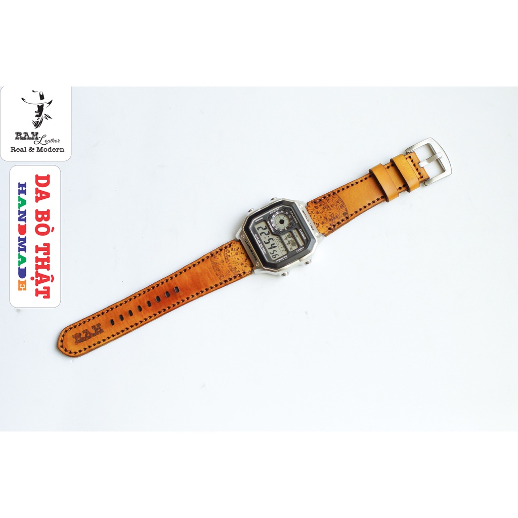 Dây đồng hồ RAM Leather cho CASIO 1200, AE 1200, 1300, 1100, A159 , A168 , Size 18 da bò Italia Vegtan khắc inca