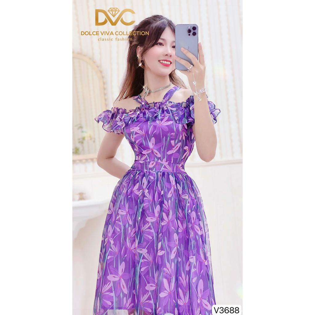 VÁY MIXI HOA TÍM TRỄ VAI BÈO CHIẾT EO V3688 ĐI CHƠI ĐI BIỂN - DVC