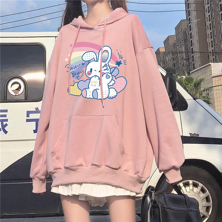 Áo Hoodie Phối Nhung Dáng Rộng In Hình Thỏ Cinnamoroll Kiểu Nhật Bản Dễ Thương Cho Bạn Gái