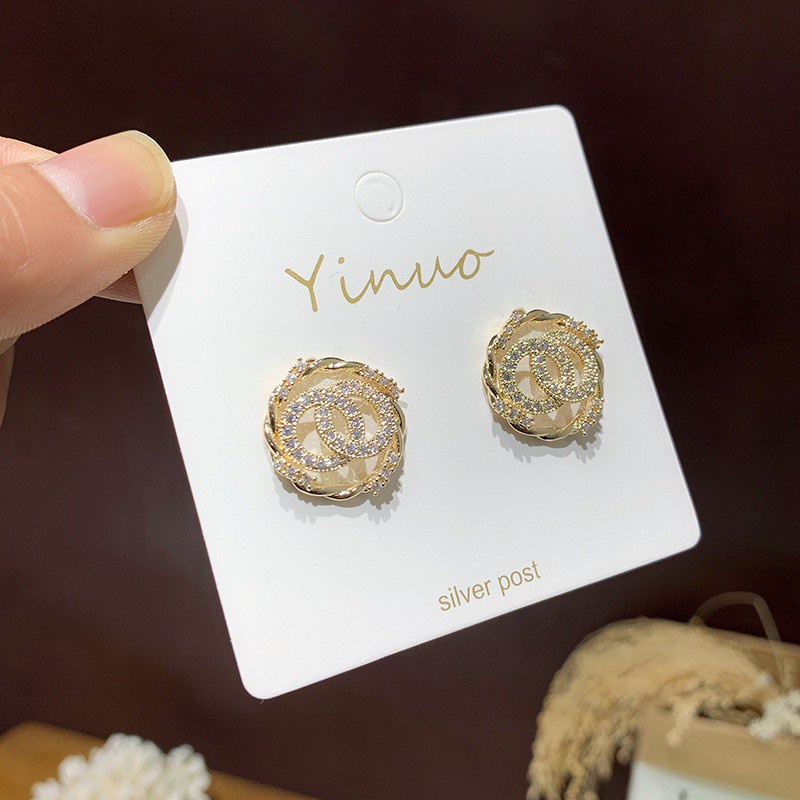 Khuyên tai đính đá Zircon hình tròn phong cách Hàn Quốc