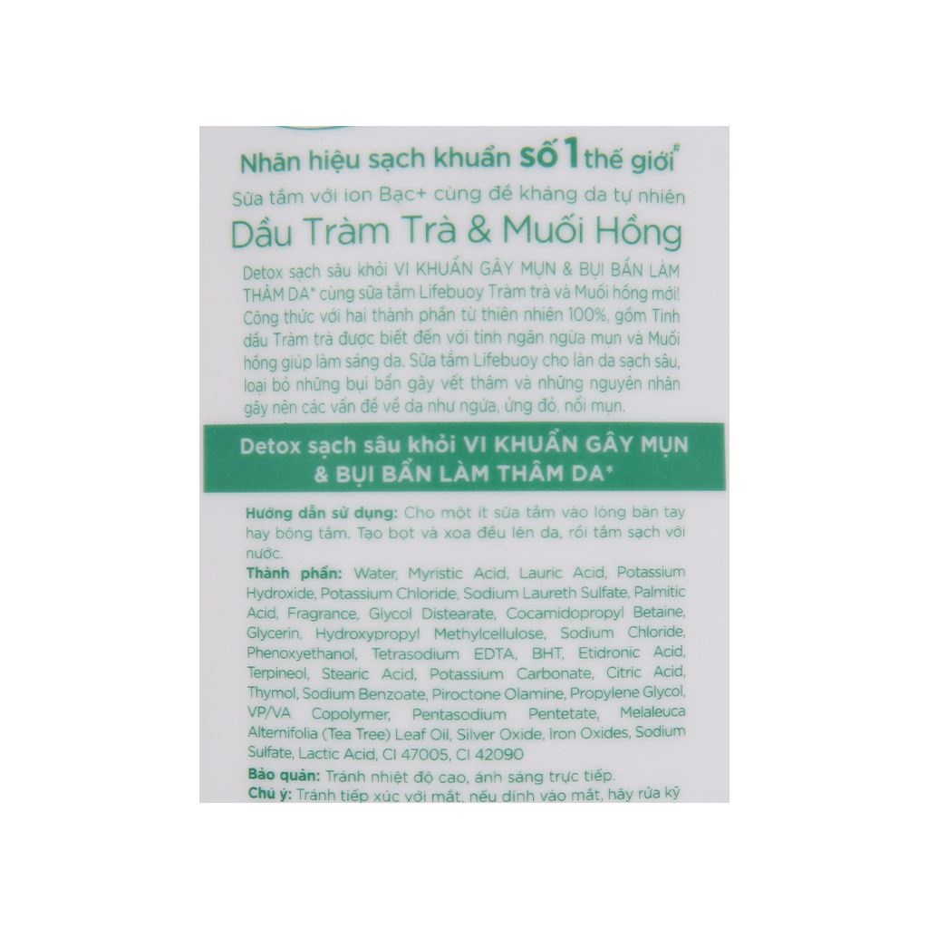 Sữa tắm Lifebuoy Detox và Bảo vệ khỏi vi khuẩn: Dầu Tràm Trà &amp; Muối Hồng 850 Gram / Chai