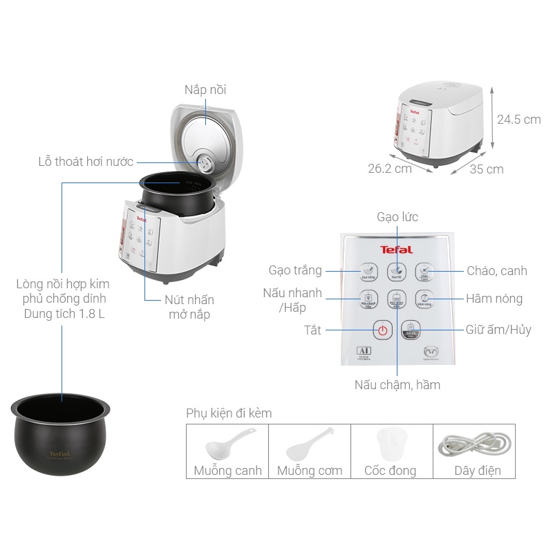 Tefal RK732168 - Nồi cơm điện tử với lòng nồi niêu dày 1.5mm ứng dụng công nghệ điện từ, 1.8L - 750W, chính hãng.