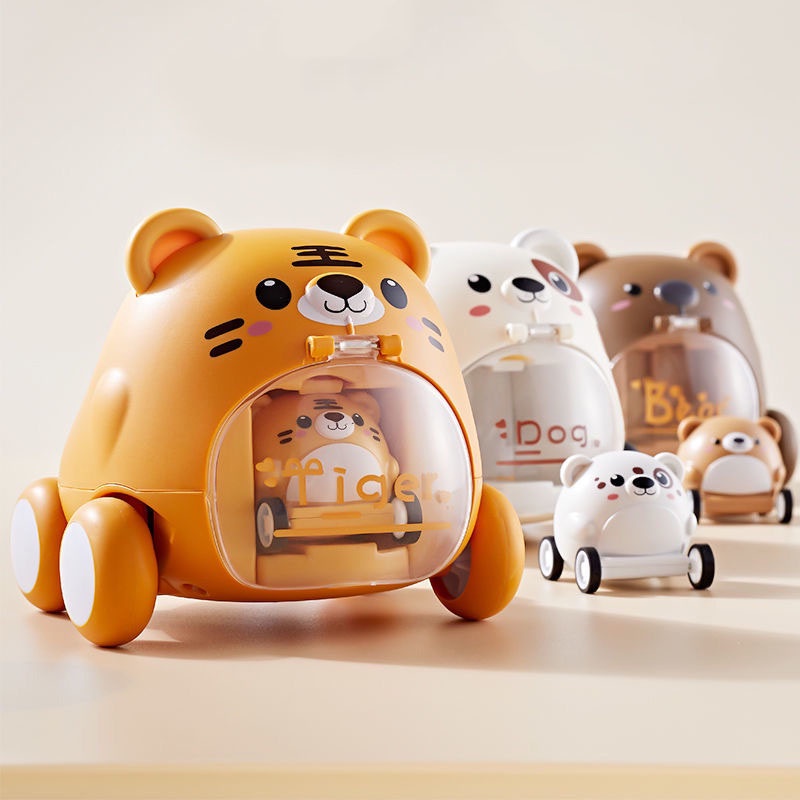 Xe ô tô đồ chơi mẹ ôm con hổ vàng gấu nâu chó trắng, nhựa abs an toàn