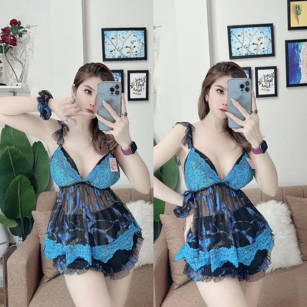Đồ ngủ sexy 2 dây gợi cảm Linqustore, vải lưới phối ren có mút ngực quần satin mềm mát bigsize 40-70kg