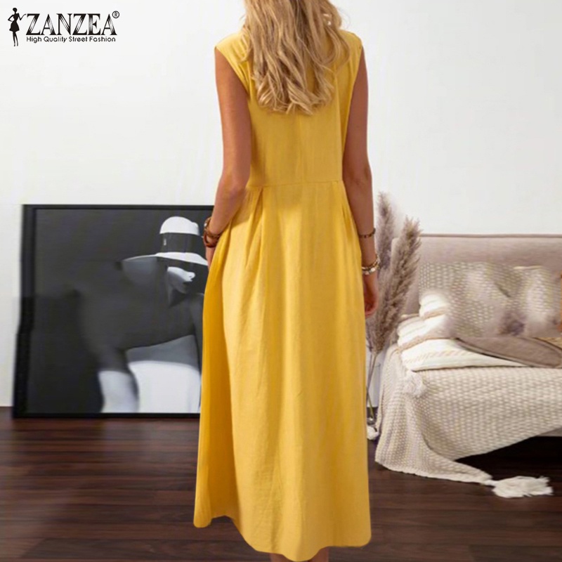 Zanzea Đầm Dài Chữ A Không Tay Cổ Bẻ Cài Nút Thời Trang Dành Cho Nữ