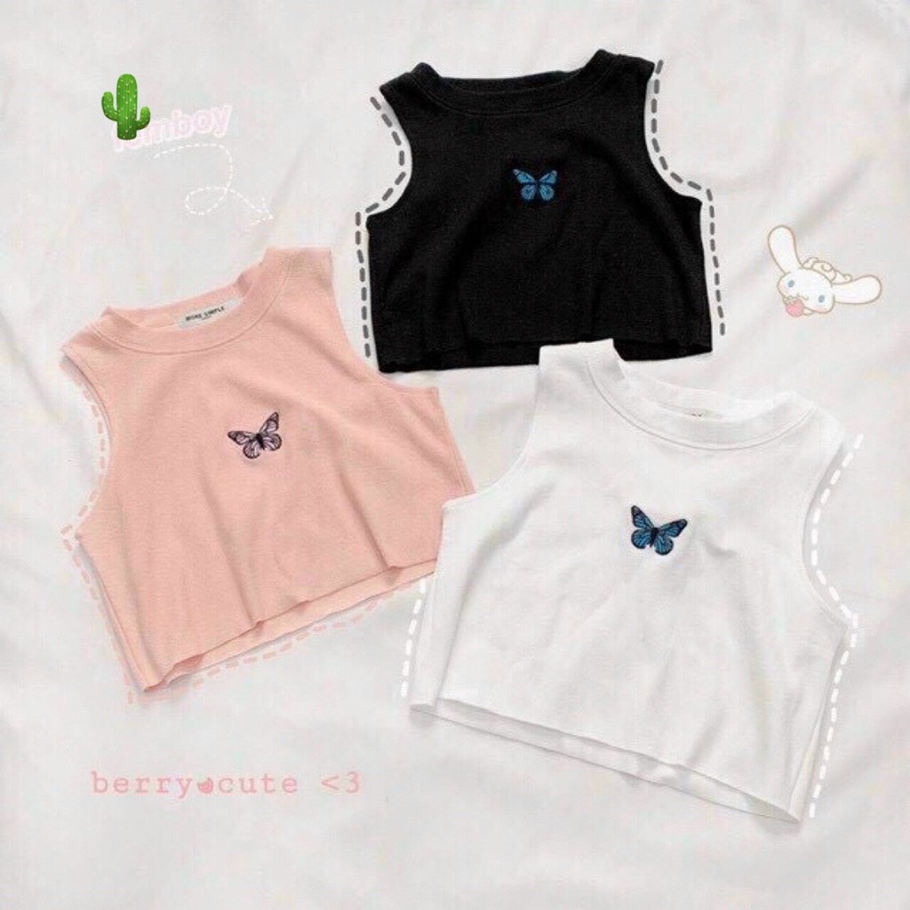 Áo croptop 3 lỗ thêu bướm thời trang dễ kết hợp chân váy quần cộc dễ thương TTPK0025