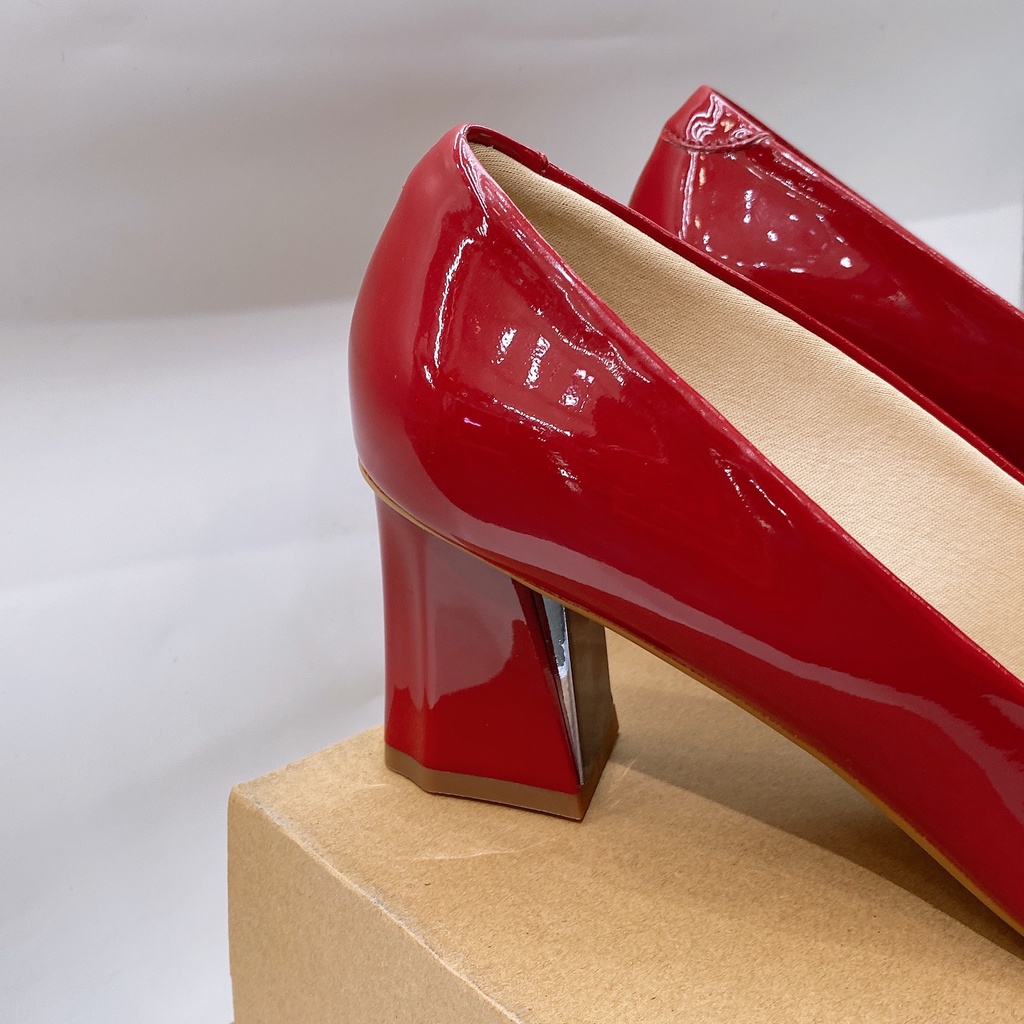 Giày cao gót nữ màu đỏ da bóng gót vuông cao 5cm đi êm chân (ảnh thât) A603