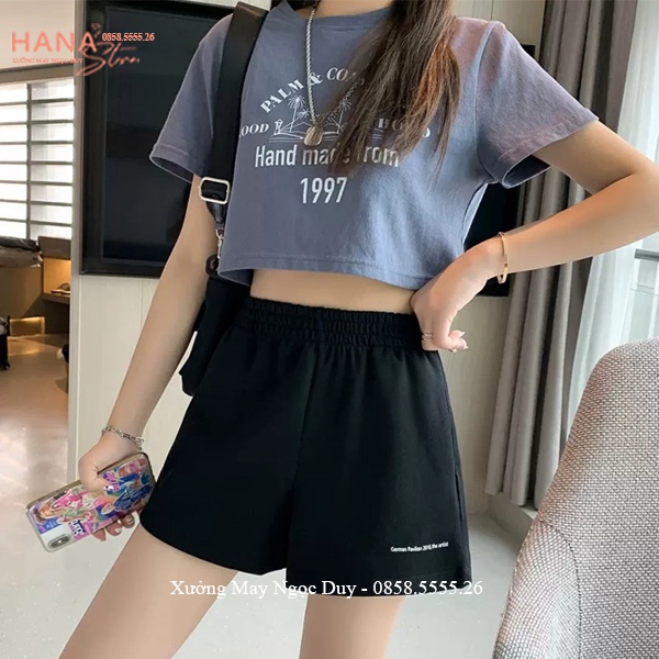 Quần short nữ cạp chun lưng thun thêu chữ túi dáng quần đùi đũi nữ ống rộng tập gym thể thao đi biển ở nhà ngủ cá tính