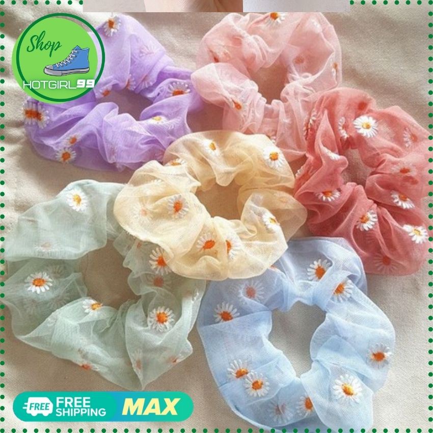 Dây buộc tóc,cột tóc scunchies vải lưới, cột toc họa tiết hoa cúc, buộc toc thanh lịch siêu hot / hotgirl99