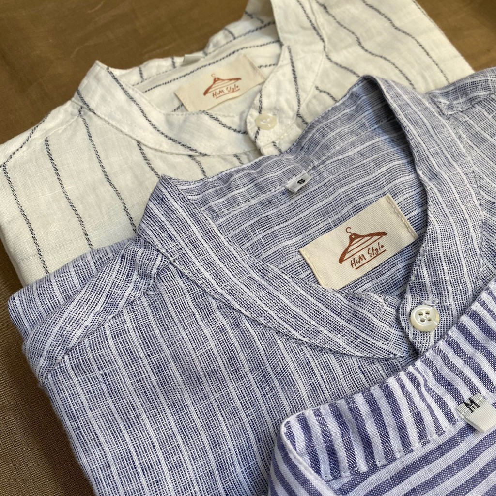Áo Sơ Mi Nam Cổ Trụ Tay Dài Linen Tưng Sọc
