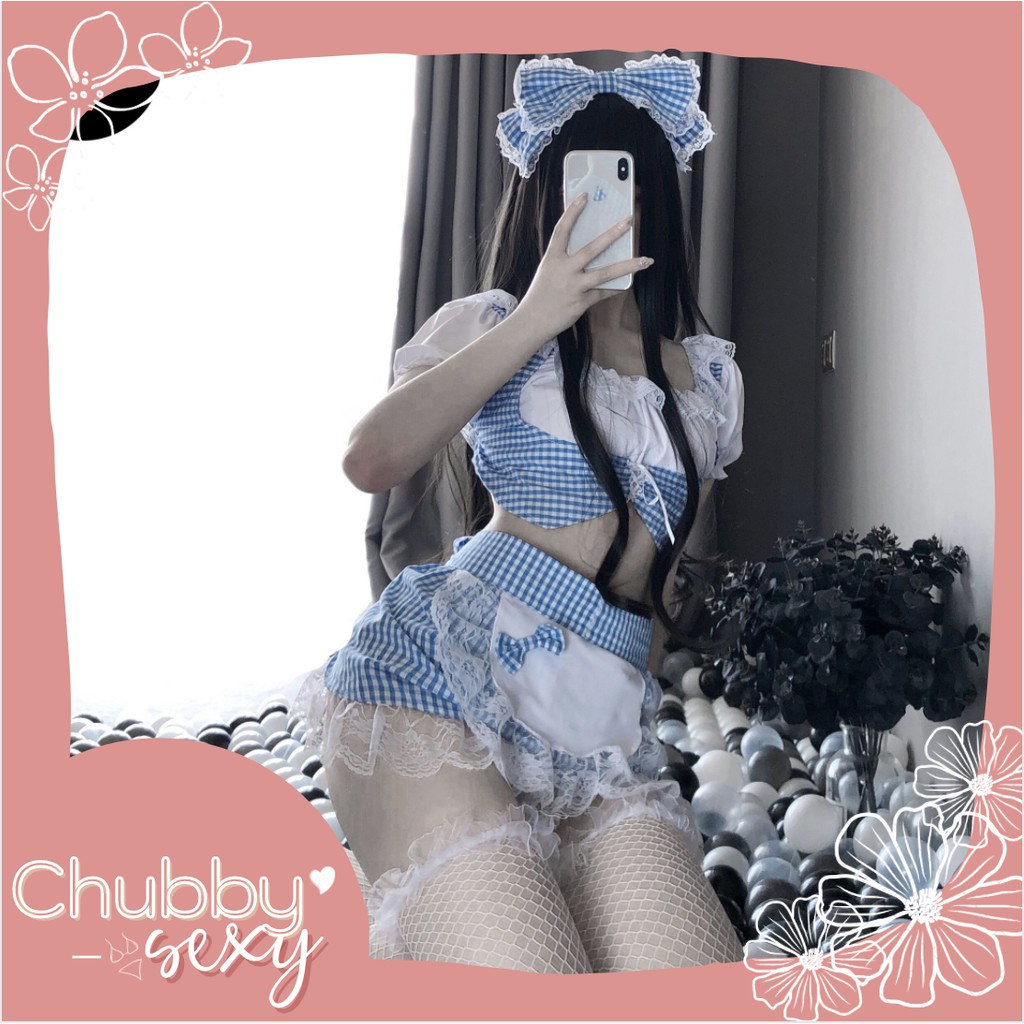 Cosplay sexy hầu gái - Bộ đồ lót nữ sexy gợi cảm - Set đồ cô hầu gái kẻ caro xanh - CPL03 - Chubby.sexy