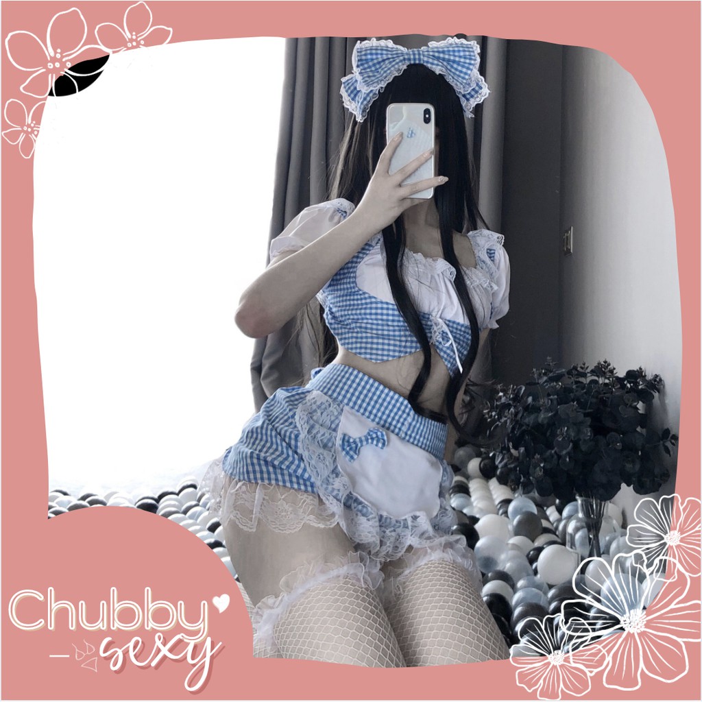 Cosplay sexy hầu gái - Bộ đồ lót nữ sexy gợi cảm - Set đồ cô hầu gái kẻ caro xanh - CPL03 - Chubby.sexy | BigBuy360 - bigbuy360.vn