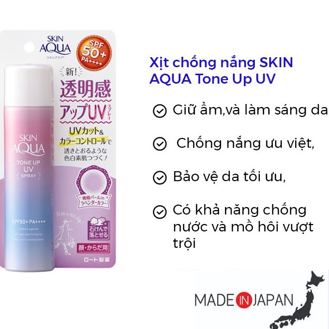 Xịt chống nắng Rohto Skin Aqua Tone Up UV Spray SPF50+ Nhật Bản 70g