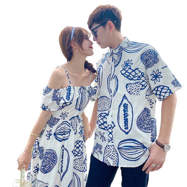 Áo đôi: Đầm vải lệch vai họa tiết + Somi nam phối hợp (có ảnh review )