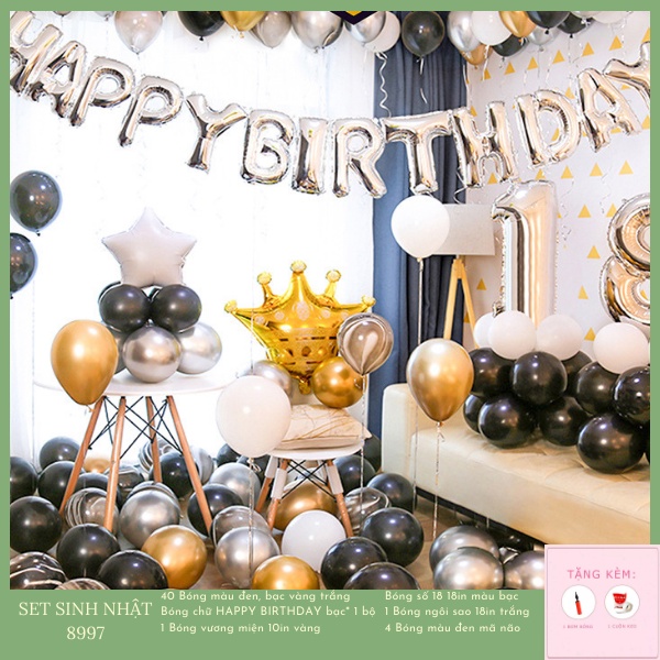 [TẶNG BƠM &amp; KEO DÁN] Set Trang Trí Sinh Nhật, Tiệc Tùng Đen Bạc Sang Chảnh Dành Cho Người Lớn 8997