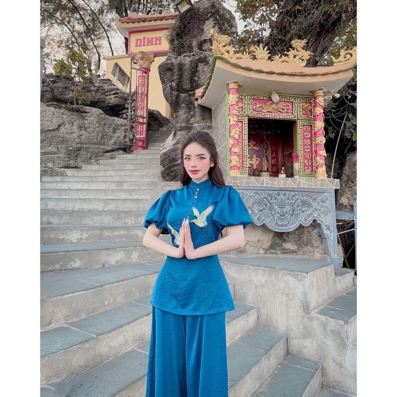 Đồ Lam Đi Chùa 🌻🌻🌻VẢI LỤA CAO CẤP THÊU ĐÔI HẠC