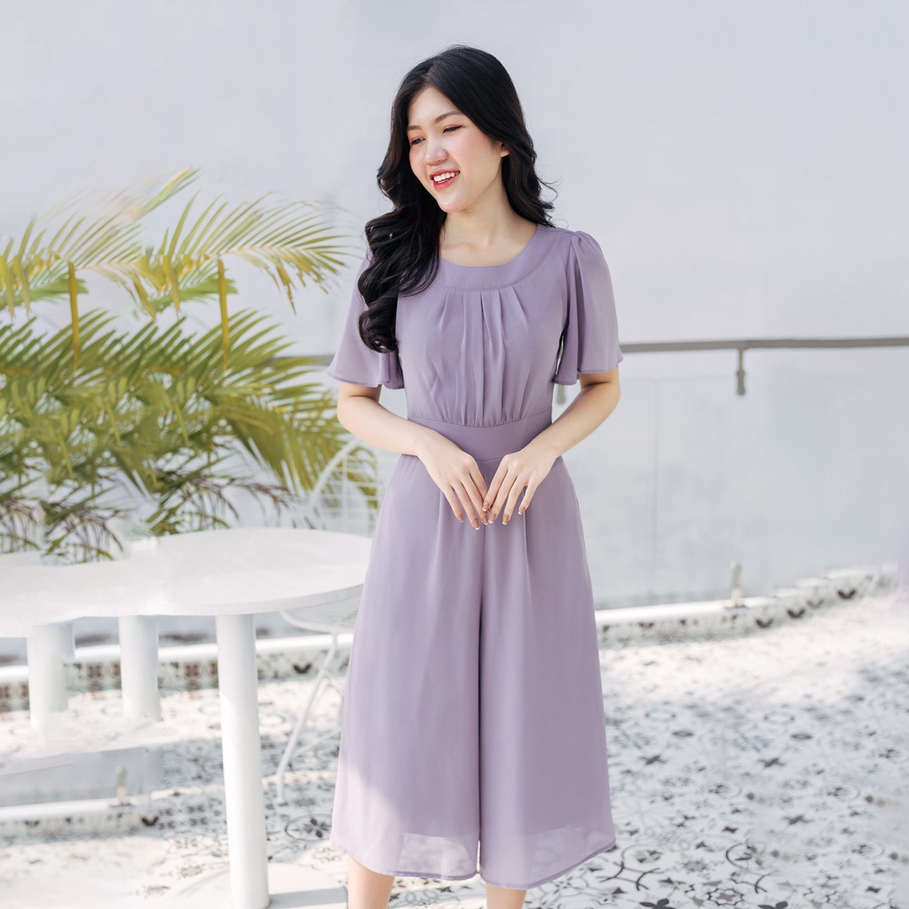 Bộ liền jump trung niên, công sở - Cổ tròn tay loe - Tím môn - TTV741 TTV Store