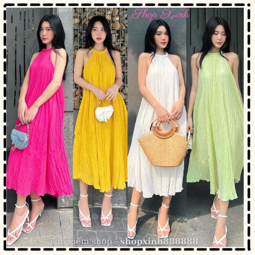Đầm Maxi Cổ Yếm Chất Xốp Đơn Sắc, Váy Maxi Dự Tiệc Đi Biển 𝙎𝙝𝙤𝙥 𝙓𝙞𝙣𝙝