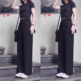 Set áo crop top bo kèm quần ống rộng