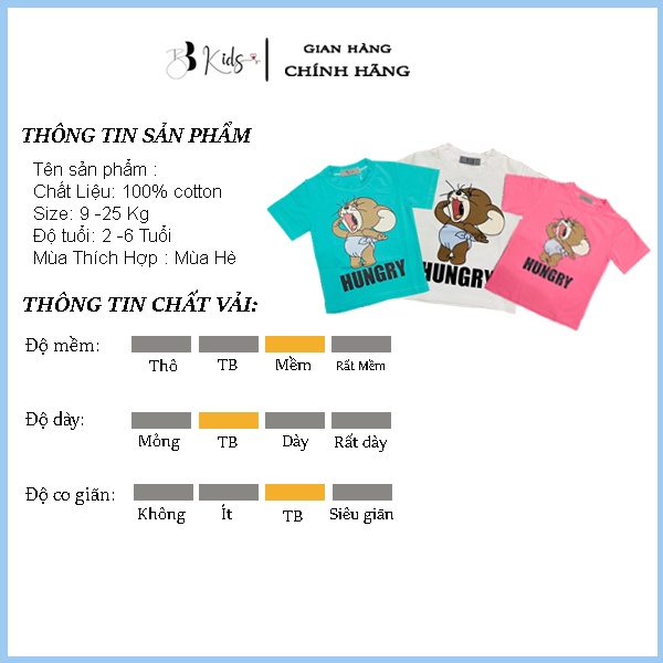 Áo Thun Ngắn Tay Cho Bé BB Kids In Hình Chuột Jerry Chất Liệu Cotton 100% Co Giãn 4 Chiều