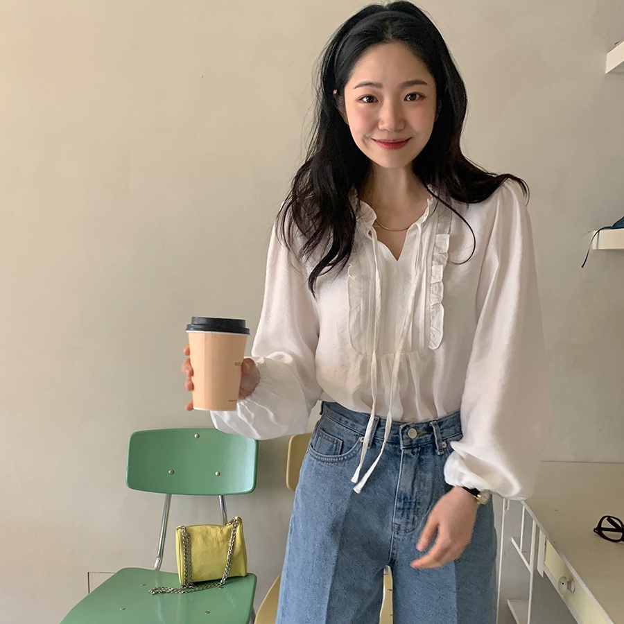 SUXI Áo Sơ Mi Cotton Mềm Dáng Rộng Dài Tay Phối Dây Thắt Phong Cách Hàn Quốc Sành Điệu