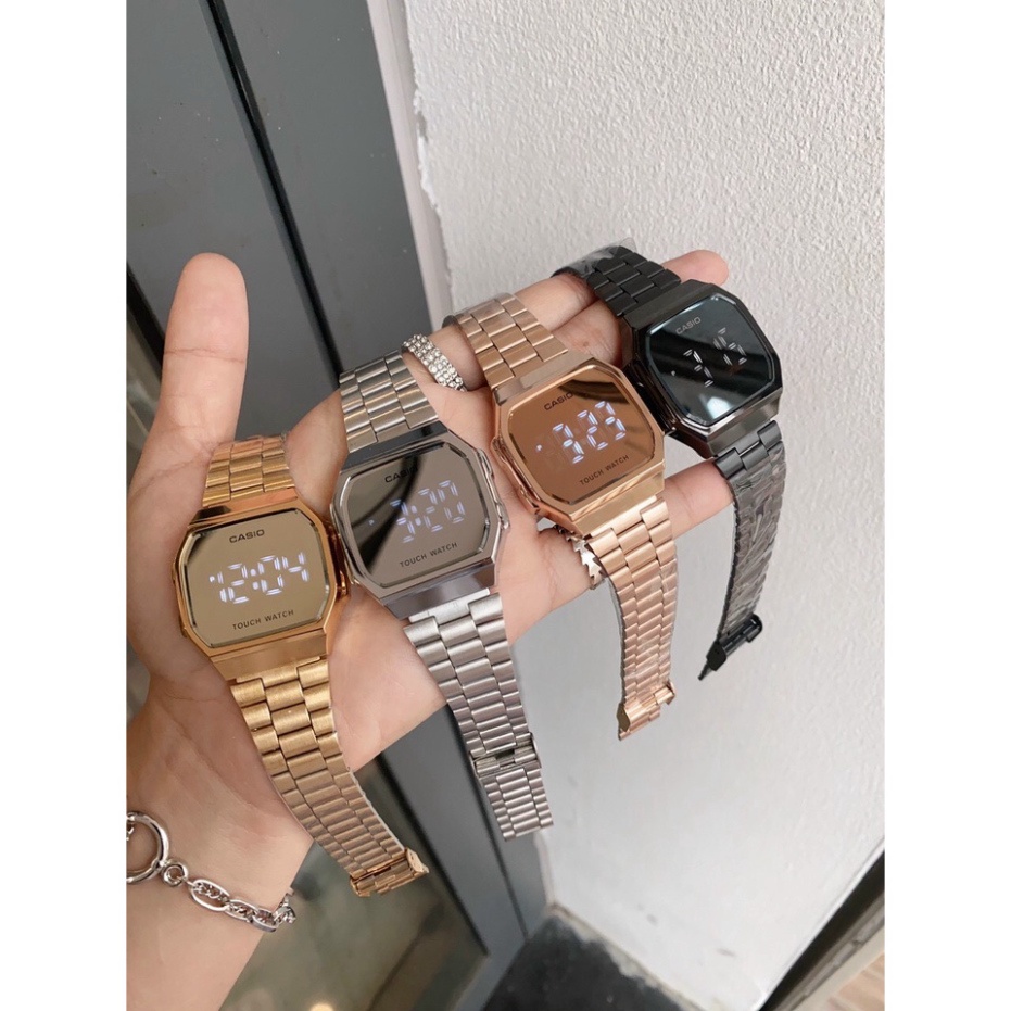 Đồng hồ nam, nữ CASIO Tráng gương LED cảm ứng cao cấp, dây thép