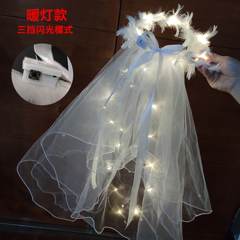 Vòng đội đầu thiết kế lông vũ có tấm lưới che mặt đèn chiếu sáng phong cách thần tiên làm đạo cụ chụp ảnh đám cưới