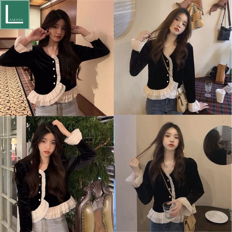 Áo khoác cardigan nhung dài tay viền bèo nữ tính Sang Chảnh, vai đệm phối tơ dập ly viền diêm dúa công chúa - LAMASS