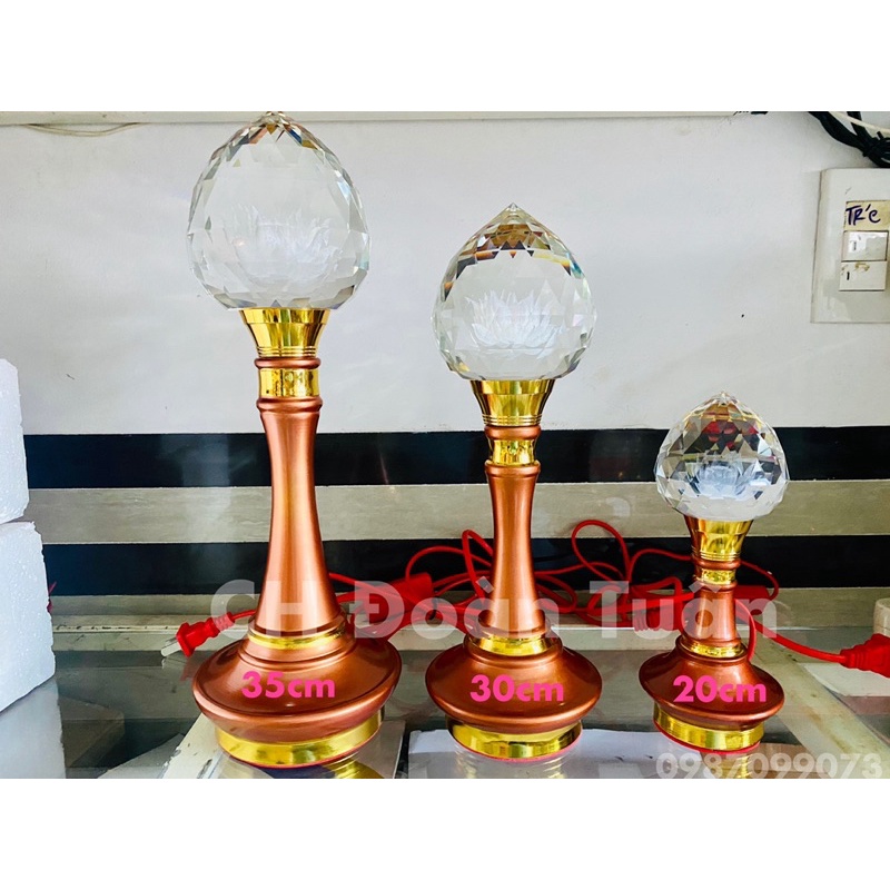 Cặp đèn thờ quả cầu pha lê, trái đào pha lê cao cấp