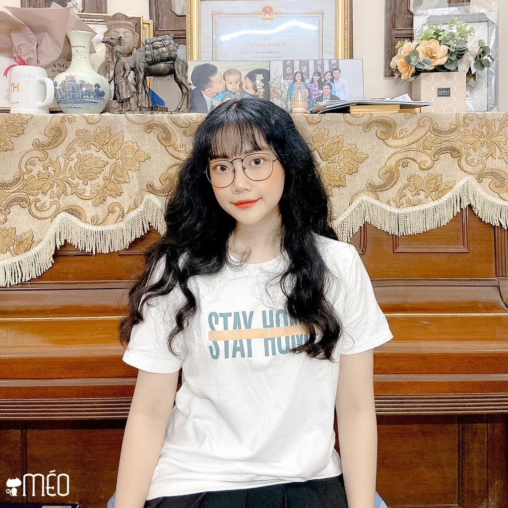 Áo thun tay lỡ Méo shop phông nữ cổ tròn cotton in chữ Stay home freesize form rộng