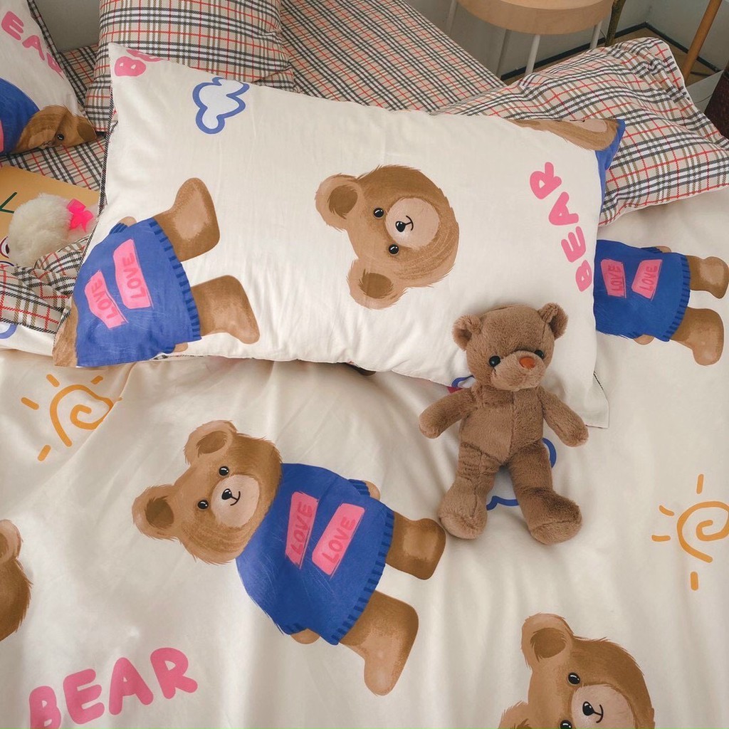 Bộ GẤU BEAR TRẮNG GA KẺ set chăn ga gối COTTON LIVING 100% Hàn Quốc