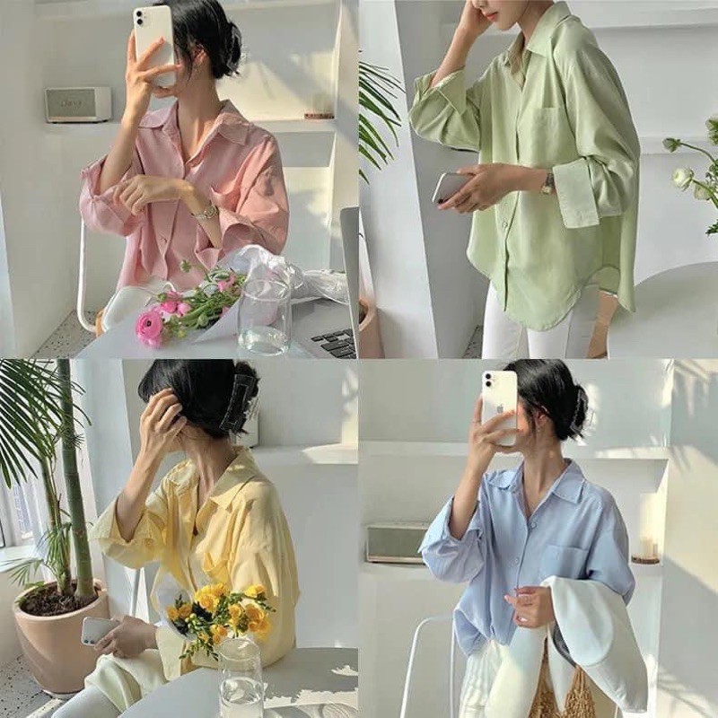 Áo sơ mi lụa vạt bầu tay suông , áo sơ mi dáng rộng pastel dài tay phong cách Hàn Quốc