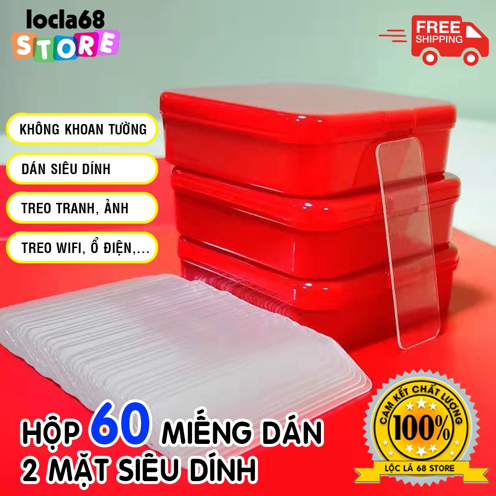 Hộp 60 miếng dán 2 mặt trong suốt, băng keo hai mặt siêu dính treo đồ cố định khung tranh trang trí