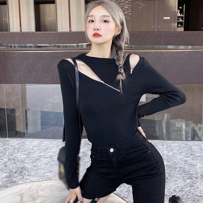Áo Croptop Tay Dài Phối Khoá Kéo Thiết Kế Ôm Sát Tôn Dáng
