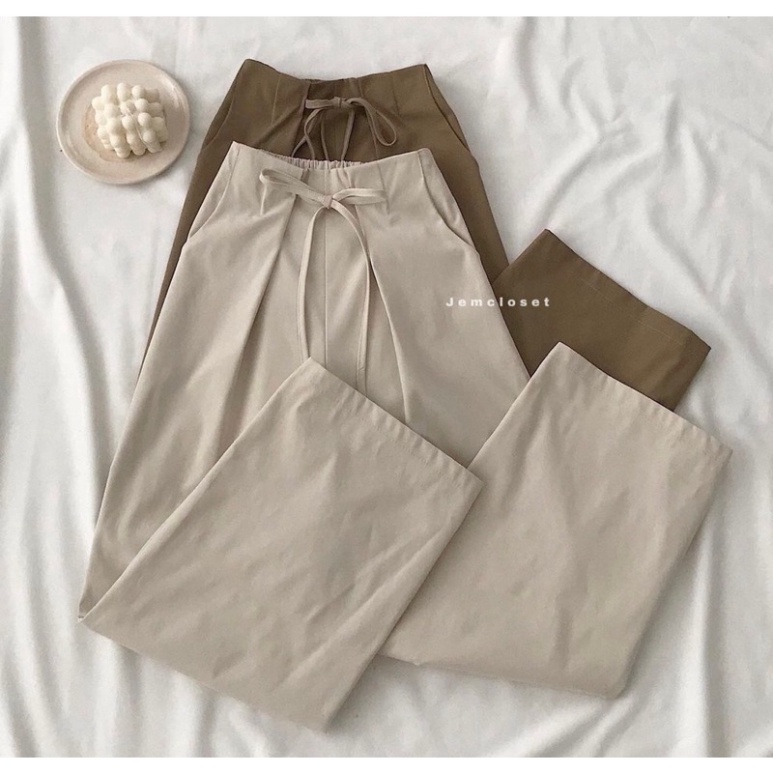 Quần ống rộng suông nữ dây rút lưng thun vải kaki nhiều màu trẻ trung nội y xanh chất đẹp mầu trắng đen