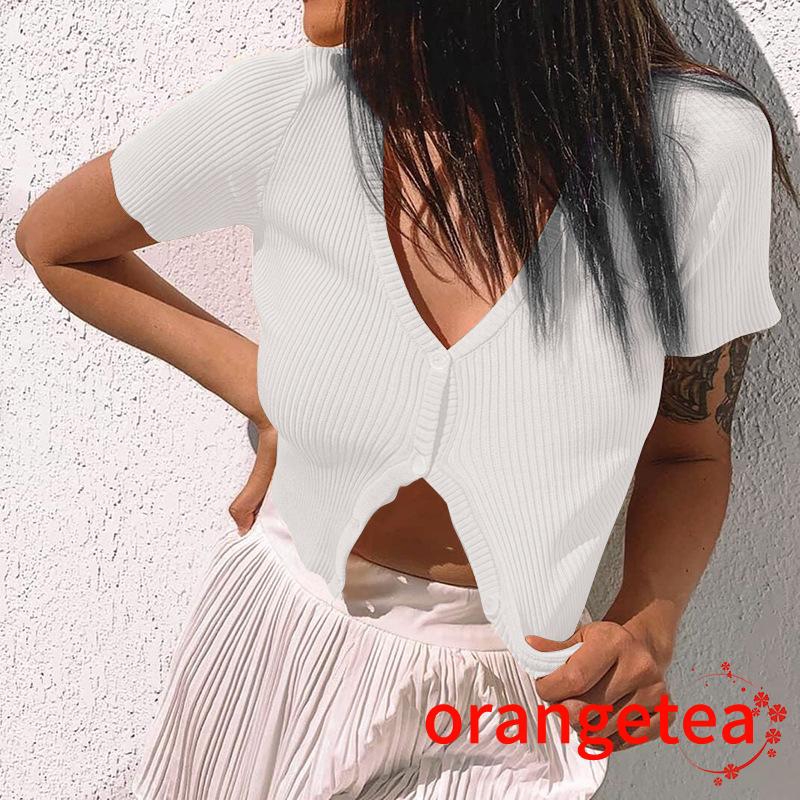 Áo Croptop Dệt Kim Tay Ngắn Cổ Chữ V Màu Sắc Trẻ Trung Xinh Xắn Dành Cho Nữ
