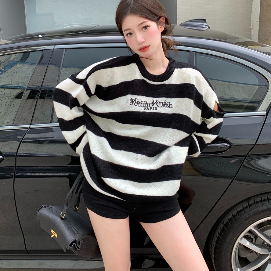 Áo Khoác Sweater Dệt Kim Mỏng Kẻ Sọc Kiểu Retro Hàn Quốc Thời Trang Mùa Thu Cho Nữ