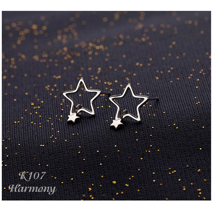 Bông tai, Khuyên tai nữ Double Star. Ngôi sao cá tính K107| Bạc 925 cao cấp xi kim Trang sức Harmony