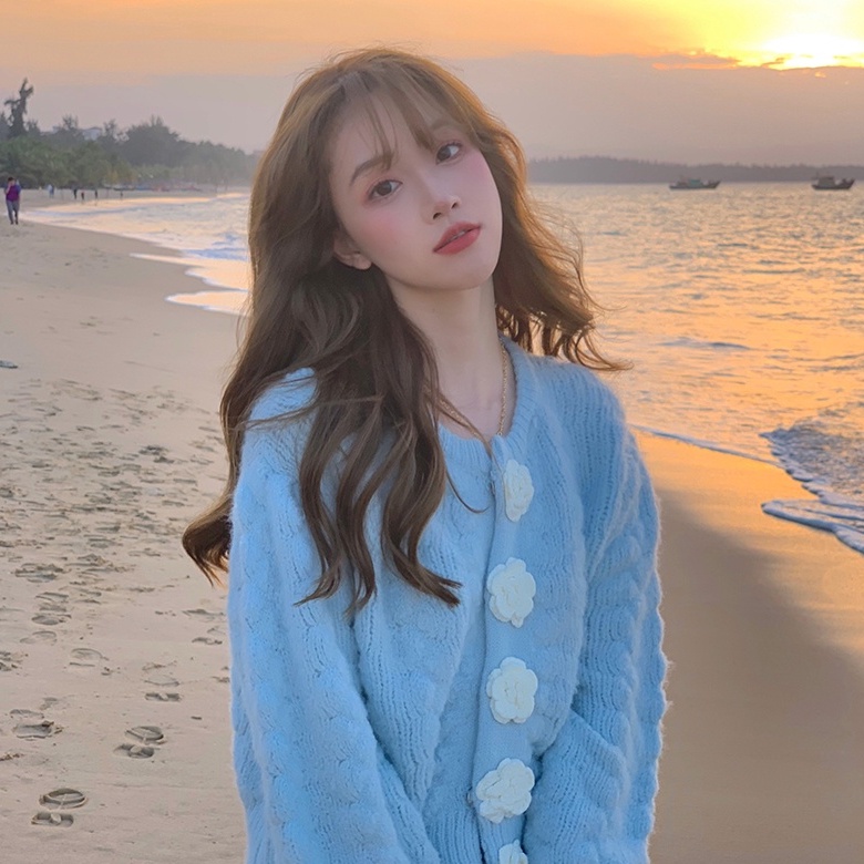 Áo len cardigan cút áo cài hoa hồng nhiều màu mùa đông năm 2021 thời trang ulzzang Hàn Quốc