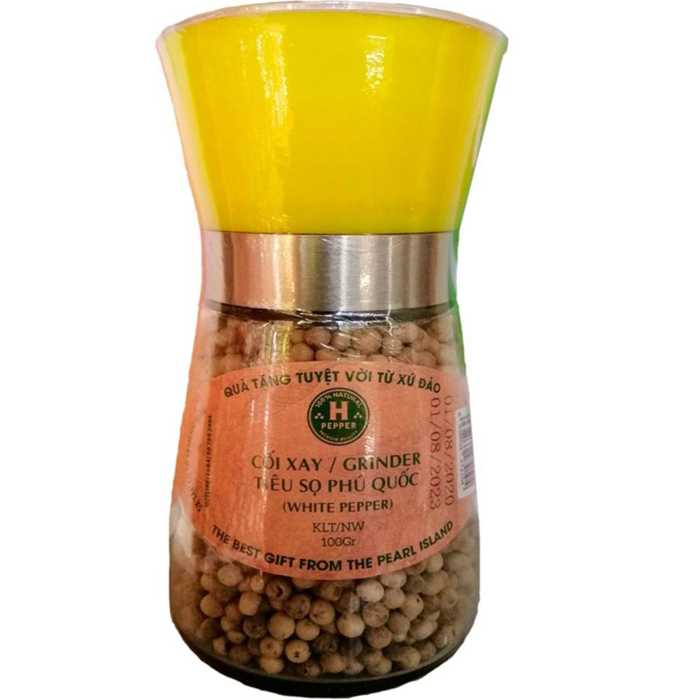 Hạt tiêu sọ Phú Quốc H PEPPER 100g + Cối xay tiêu cầm tay thủy tinh