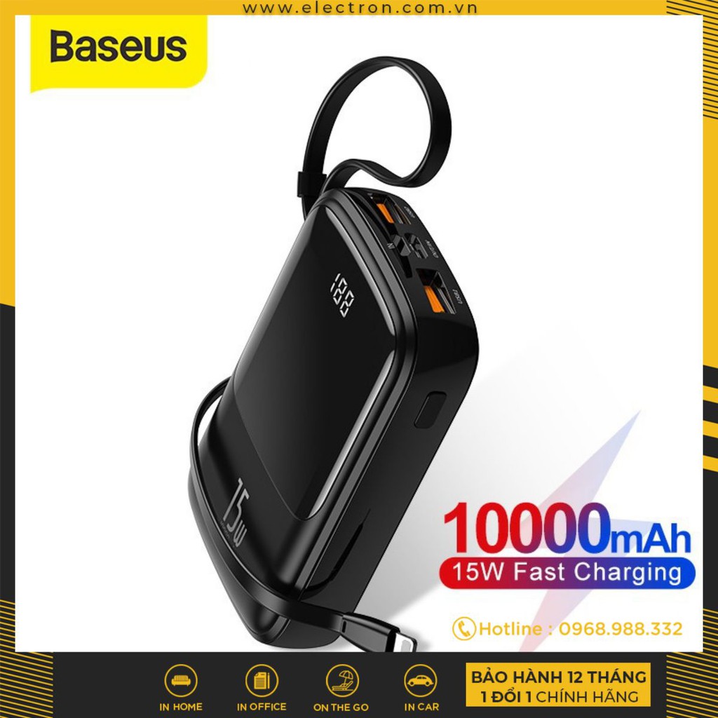 Pin dự phòng tích hợp cáp sạc Baseus Q Pow Digital Display 10,000mAh (3A/ 15W, Fast Charge Power Bank With Cable iPhone)