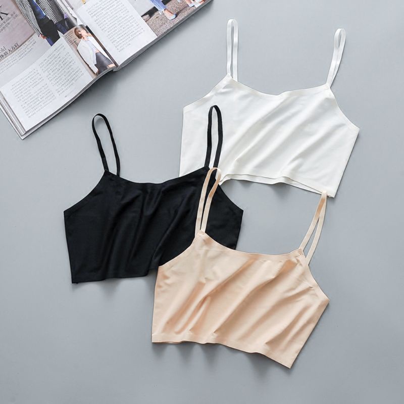 Youyo Áo Crop Top Hai Dây Màu Trơn Không Đệm Lót Cơ Bản Mùa Hè Bằng Lụa Lạnh Không Đường May Cho Nữ