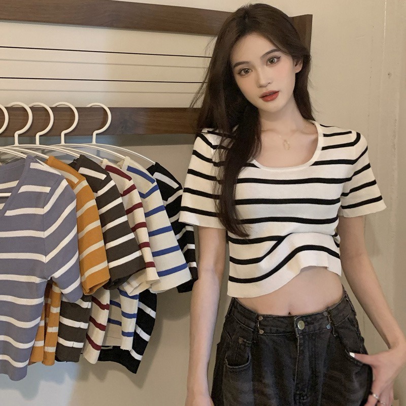 Áo Croptop Dệt Kim Tay Ngắn Cổ Tròn Thời Trang Mùa Hè Cho Nữ
