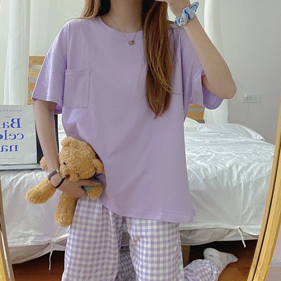 Đồ bộ Cotton nữ bộ ngủ mặc nhà quần caro áo trơn 40-60KG